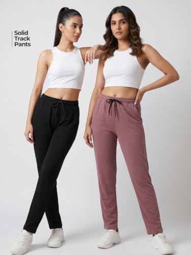 Image of Fflirtygo Cotton Solid Track Pant /Lounge Wear /Pocket Payjama �100% Export Quality Soft Cotton Night Wear /Pocket Pyjama for Women Combo Pack, Black & Blue Pyjama