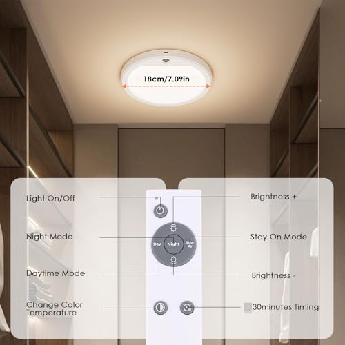 Rechargeable Motion Sensor Ceiling Light, LED Ceiling Lights with Remote, 5000mAh Battery, 3 Colour & Dimmable 10%-100%, Wireless Mount Sensor Lights for Hallway, Garage, Stairs - Image 5