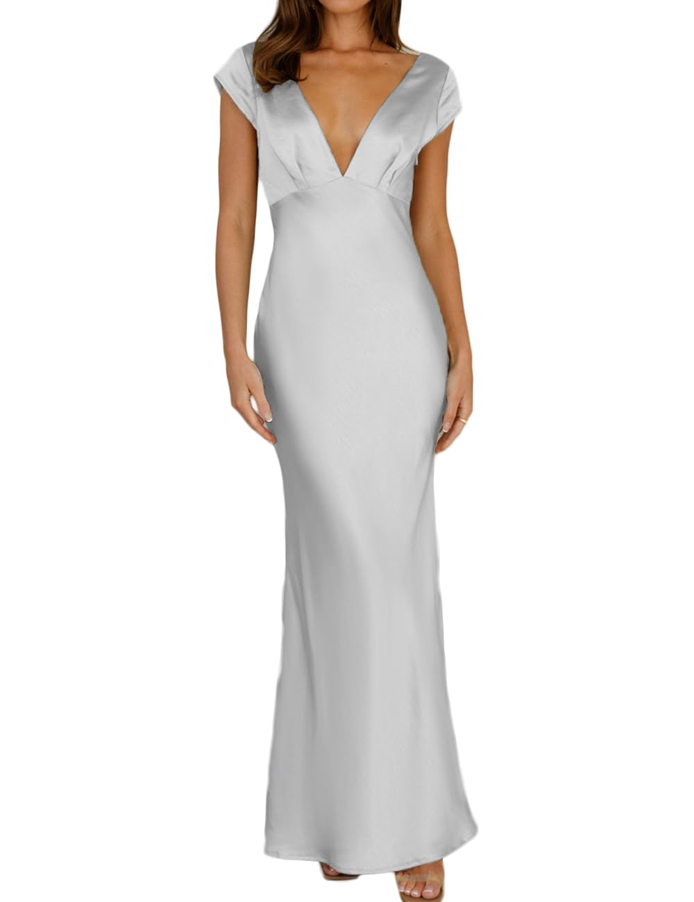 Photo 1 of Halfisland Womens Summer Satin V Neck Cap Sleeve Backless Maxi Dress Elegant Twist Cut Out Midi Dresses Wedding Guest Silver