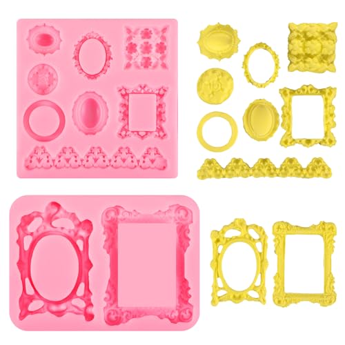 Picture Frames Silicone Mold, Mini Candy Chocolate Mold, Photo Frame Fondant Molds, Baroque Style Vintage Frame Molds for Cupcake Topper Cake Decoration Chocolate Candy Polymer Clay Gum, Set Of 2