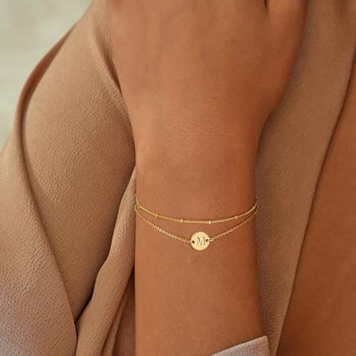 Initial Bracelets for Women Trendy - 18K Gold Plated Letter Bracelet Dainty Disc Monogram Charm Bracelet Gifts3