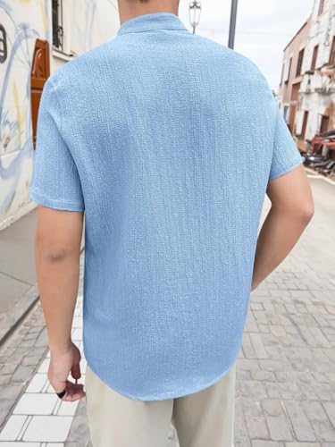 Image of Men's Solid Textured Half Sleeve Shirt with Stylish Buttons | Band Collar Casual Shirt for Summer Wear