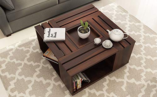 Image of Krishna Wood Decor Solid Sheesham Wood Coffee Table for Living Room | Center Table with Open Storage | Wooden Square Coffee Table | Modern Tea Table for Home & Office | Walnut Finish
