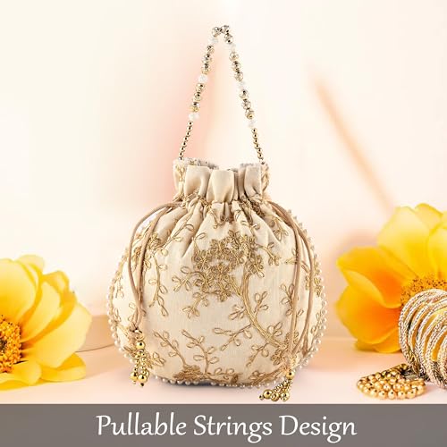 Image of Kuber Industries Potli Bags for Ladies & Girls | Women Shagun Pouches for Festive Seasons | Batwa Bag Bridal Purse With Embroidery -Cream