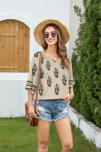 GUNEST Womens 3/4 Sleeve V Neck Bohemian Blouses Boho Loose Fit Tunic Tops — view 3