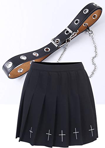 Nihsatin Women's Punk Cross Embroidery Skirt Schoolgirl Pleated High Waist Gothic Mini Skirt With Belt Black #TOP1