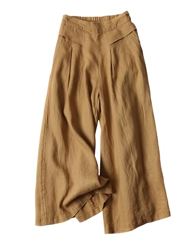 Hooever Women's Cotton Linen Culottes Pants Elastic Waist Wide Leg Palazzo Trousers Capri Pant(6-Camel-L)