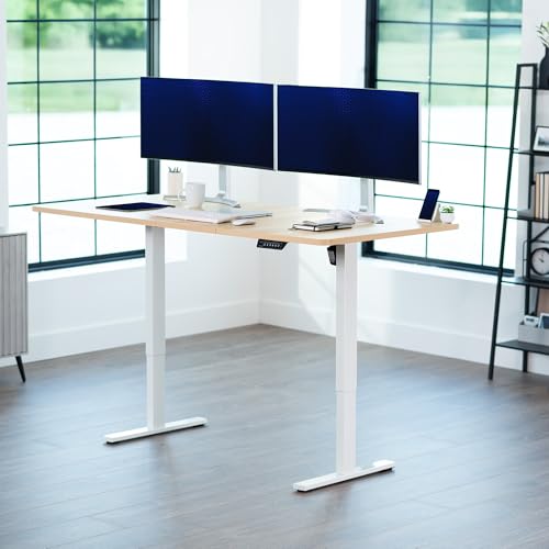 Image of VIVO Light Wood 71 x 36 in Standing Desk, DESK-KIT-1W7C-36 | Electric, Holds 220 lbs, Sit Stand, Height Adjustable, Extra Deep Table Top, Memory Presets, 1B Series, White Frame