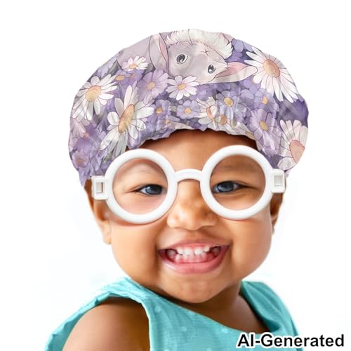 Image of Kids Satin Sleep Cap - Double Layer Satin Bonnet - Night Cap With Rabbit Daisy Print - Gifts for Frizzy, Curly or Straight Hair Toddler Children - Spring to Winter