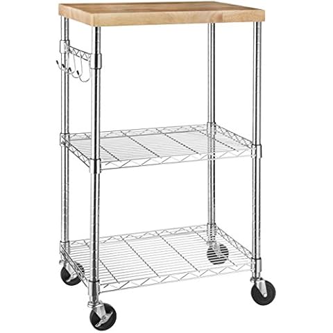 Amazon Basics 3-Ebenen Servierwagen mit abnehmbarer Holzplatte sowie höhenverstellbaren und verchromten Böden mit einer Gesamt-Tragkraft von 79.5 kg Cover
