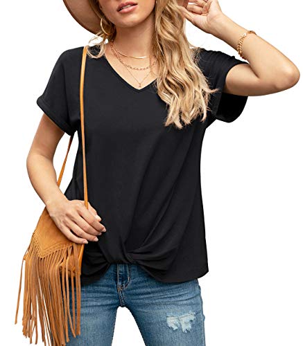 Iandroiy Women s Comfy Casual Summer Tops Short Sleeve V Neck Blouses T Shirts Twist Knot Tees (Medium, Black)