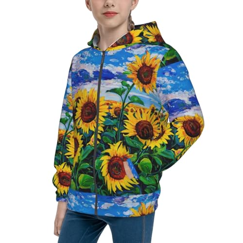 Landscape With Sunflowers Kids Pullover Hoodies Boys Zip Up Sweatshirts Girls Athletic Clothes with Pocket