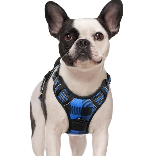 Image of rabbitgoo Dog Harness No-Pull, Comfortable Padded Plaid Harness with Handle Easy Control, Adjustable Reflective Pet Vest with 2 Leash Clips for Small Dog, Blue Plaid, S