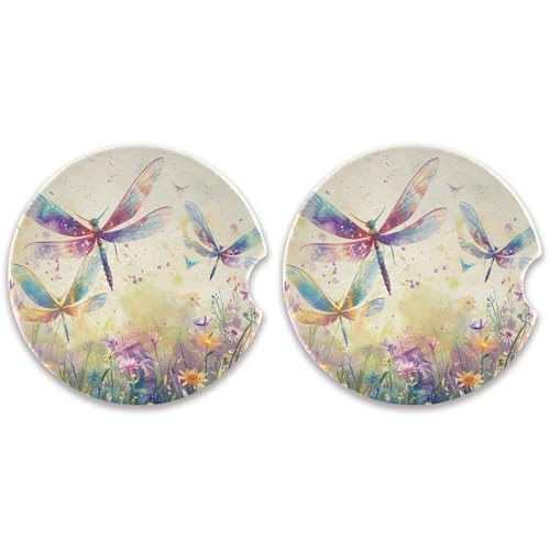 SKYSHU Juego de 2 posavasos redondos de libélula para bebidas, soporte de taza de cerámica absorbente con base de corcho y agarre para la punta de los dedos para una fácil limpieza en movimiento, 2.5