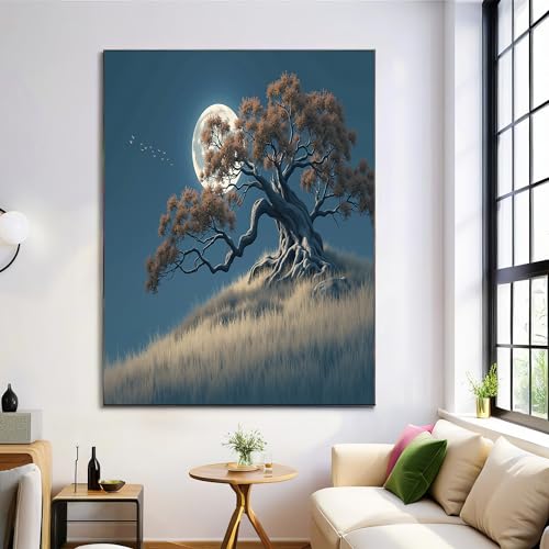 Tableau de décoration murale bleu avec motif arbres et oiseaux sur toile géante pour la maison
