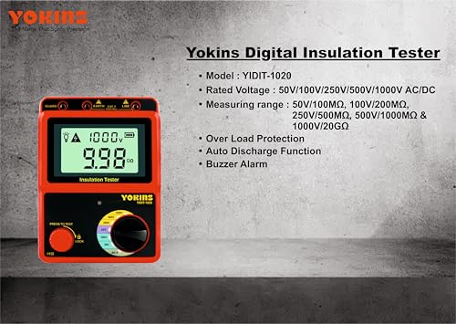Image of Yokins YIDIT-1020 Digital Insulation Resistance Tester | 1000V, 20 GΩ | ABS Body | Battery Operated (AA) | Includes Carrying Bag | Large LCD Display with Calibration Certificate