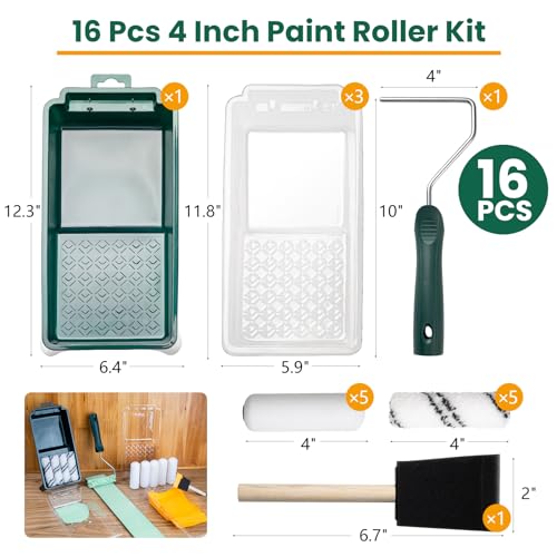 CoatPro Twools Paint Roller Kit, 16 Pcs 4 Inch Small Paint Roller Kit with High-Density Foam Paint Roller, Microfiber Paint Rollers, Paint Tray, Paint Tray Liner, Roller Frame, Foam Brush - Image 6