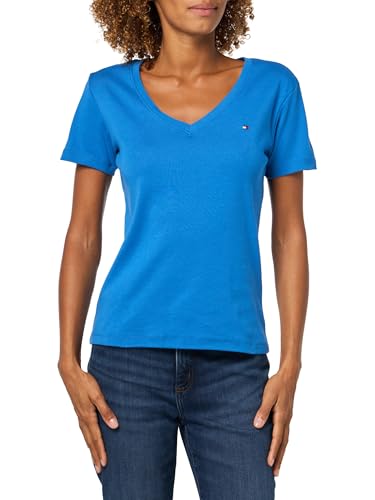 Tommy Hilfiger Women's Ribbed Slim V-Neck T-Shirt, Blue Orbit X-Large