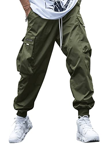 Romwe Men's Flap Pocket Drawstring Elastic Waist Letter Graphic Street Cargo Pants Army Green M #TOP2