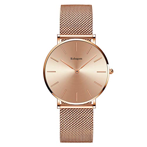 Kubagom Damen Armbanduhr Analog Quarz Edelstahl Wasserdicht Mesh Ultradünne