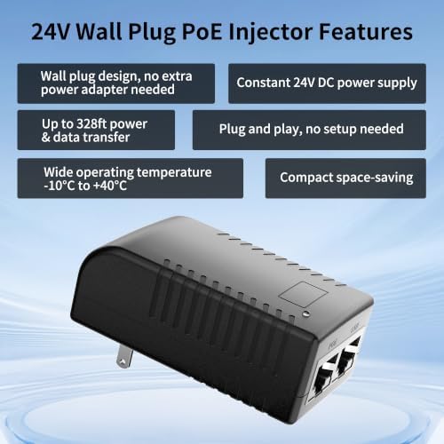 Wall Plug PoE Injector, 24V Passive PoE Adapter, 10/100Mbps, PoE Power Over Ethernet Adapter for 24V PoE Switch, IP Camera, Wireless AP, Access Point - 2
