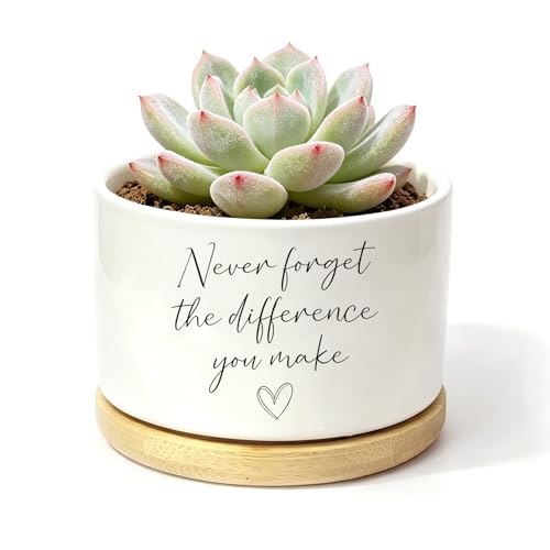 Product Image of the TEOUIOS Never Forget The Difference You Make Succulent Pot, Small Ceramic Planter with Bamboo Saucer, Appreciation Birthday Gifts for Teacher, Nurse, Coworker, Mentor, 3.15 Inch (No Plants)