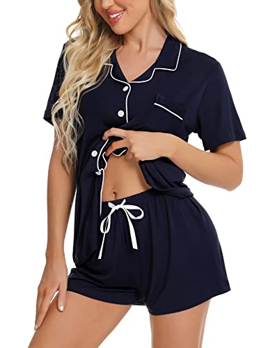 Image of SWOMOG Womens Button Down Pajamas Set Short Sleeve Sleepwear Bride Soft Pj Lounge Sets XS-3XL