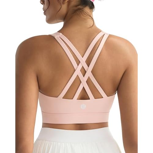 RUNNING GIRL Sports Bra for Women,Molded Cup Strappy Running High Impact Sports Bra with Sewn in Pads A-pink Medium