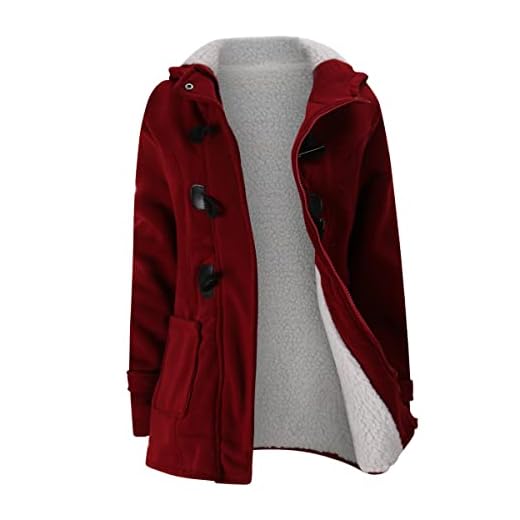 Eogrokerr Långärmad kappa för kvinnor, horn läder med knappar bomullsjacka enfärgad ullblandning kappa med huva för damer, Vinröd, S