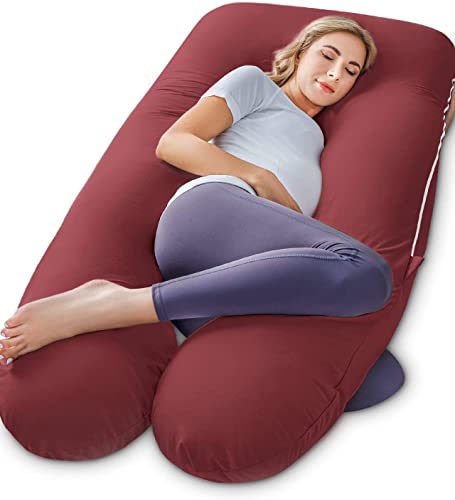 Image of U-Shaped Sleeping Pregnancy Pillow| Removable Washable Cotton Cover with Zipper| PregnoCare Fibres| Maternity, Nursing| Full Body Soft Support Bump, Head, Back, Shoulder, Hips, Legs and Belly (Red)