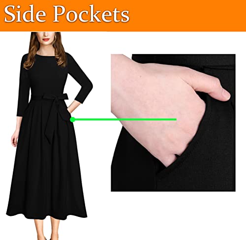 Image of VFSHOW Womens Work Business Casual Church Pockets Belted A-Line Midi Dress