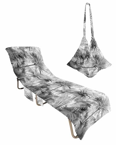 Grey Palm Tree Beach Chair Cover with Side Pockets, Microfiber & Quick Dry Pool Chaise Lounge Chair Towels Covers for Sun Sunbathing Patio Garden Hotel, Summer Tropical Coconut Watercolor