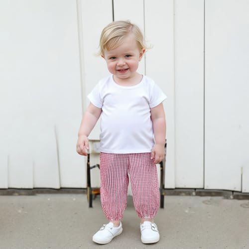 Karuedoo Toddler Baby Boy Girl Gingham Bubble Pants Kids Casual Plaid Elastic Waist Long Bloomers Trousers Bottoms2