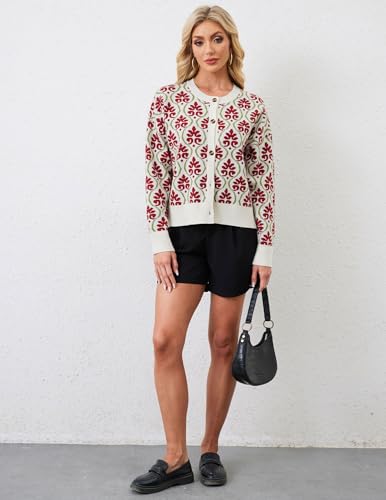 Image of Women's Floral Printed Cardigan Open Front Button Down Knit Flower Sweaters Long Sleeve Crew Neck Fashion Tops Red