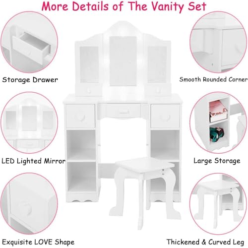 Kids Vanity Set With Mirror, 2-In-1 Wooden Toddler Vanity Table With Stool, Tri-Folding Mirror & Drawer,Princess Pretend Play Makeup Vanity Princess Makeup Desk Dressing Table for Little Girls