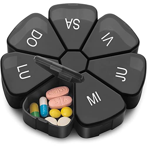 Pastillero pétalo portátil, 7 dias-Compartimento medicacion-Organizador,Vitamina Caja de Almacenamiento para Viaje, Organizador Diario de Medicación (Negro) Cover