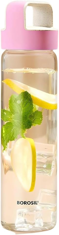 Borosil - Neo Glass Water Bottle|Fridge Bottle|Sports Bottle|Yoga Bottle|Outdoor|Picnic|Portable|Easy to Carry|Leak Proof|Resusable With Pink Handle, Transparent, Clear, See Through Bottle, 550 ML