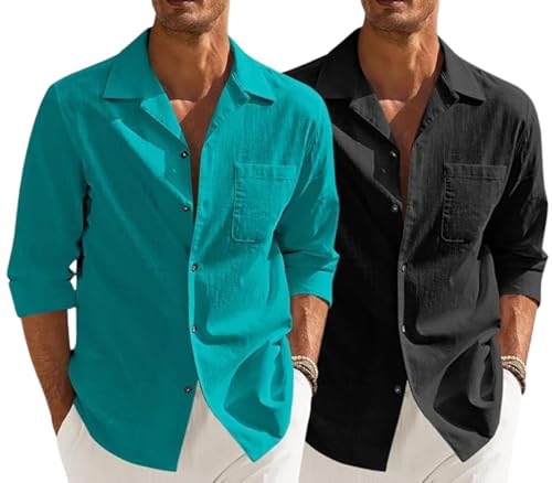 Image of Combo of Men's Casual Cotton Blend Shirt || Long Sleeve Button Down with Spread Collar | Lightweight Breathable Fabric | Stylish Solid Shirt for Beach, Office & Everyday Wear Pack of 2