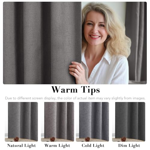 Image of H.VERSAILTEX Linen Curtains 100% Blackout Curtains for Bedroom 90 inch Long Full Light Blocking Nature Linen Blended Window Curtains for Living Room Nickel Grommet (2 Panels, Grey)