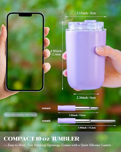 UIRZOTN 10 oz Insulated Coffee Tumblers, Travel Coffee Tumblers with Straw, Double-Wall Stainless Steel Tumbler, Leak Proof Tumbler, Reusable Cups with Lids for lced and Hot Drinks (Matte, Purple) — view 3