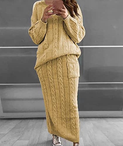 Image of Sexyshine Women's Cable Knit Long Skirt 2 Piece Outfit Chunky Oversized Pullover Sweater Top and Long Pencil Skirt Sets