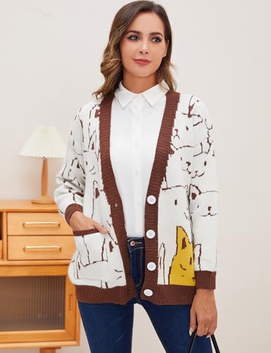 Image of Gihuo Women Cat Sweater Oversized Cute Kawaii Cardigan Knit Graphic V Neck Loose Fit Long Sleeve Cardigan Coat