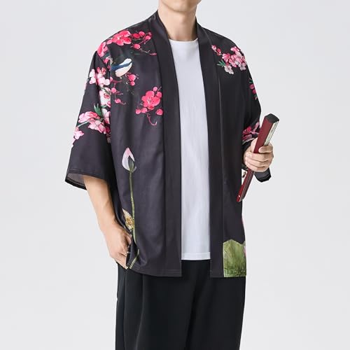 Image of PRIJOUHE Men's Lightweight Kimono Jacket Seven Sleeve Open Front Cardigan Coat Japanese Style Bathrobe