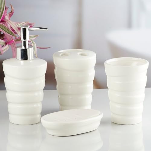 Image of Kookee Ceramic Bathroom Accessories Set of 4, Modern Bath Set with Liquid handwash Soap Dispenser and Toothbrush Holder, Luxury Gift Accessory for Home, White (10237)