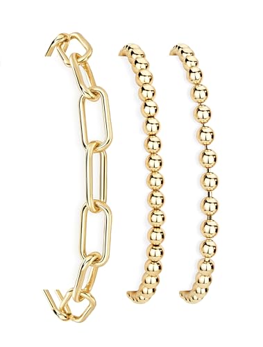Poxtex Silver Bracelets for Women Stack, Silver or Gold Plated Cuff Bangle Set, Trendy Silver Jewelry for Women Fashion (Gold Beaded Bracelets 3 PCS)