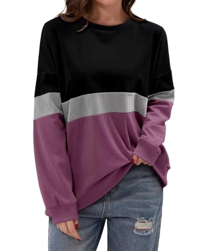 KISSMODA Womens Casual Long Sleeve Sweatshirts Color Block/Solid Tops Corduroy Crewneck Tunic Pullover with Pockets