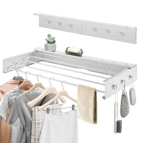 Tendederos Plegables de Pared Exterior 80cm Tendedero Retractil Pared con Gancho para Interior o Exterior Ahorra de Espacio,Durable y Tiene una Gran Capacidad de Carga (Blanco, 80 cm)