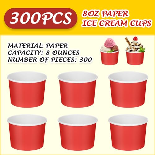 Image of Nuenen 300 Pcs 8 oz Summer Ice Cream Paper Cups Bulk Disposable Dessert Cups Solid Color Paper Dessert Bowls for Snack Sundae Spring Party Favors Ice Cream Bar Supplies (Red)