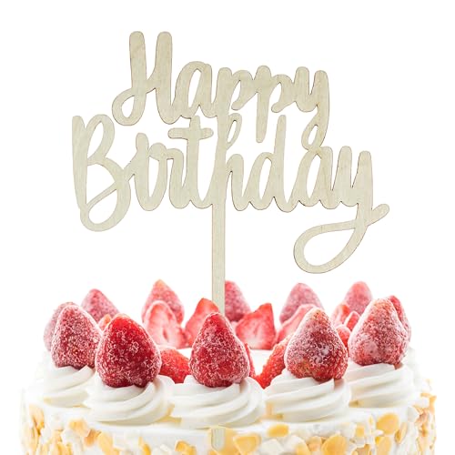 J&M DECO Decoración para tartas de madera Happy Birthday 15 x 20 cm – Decoración para tartas de 4 mm de grosor – Decoración sostenible para tartas de cumpleaños – Decoración rústica para tartas para
