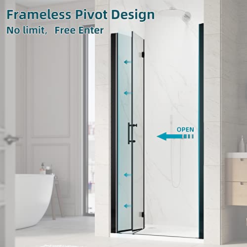 Sunny Shower Bi-Fold Frameless Shower Doors In Black, 32 In. W X 72 In. H, Pivot Swing Shower Enclosure With Clear Glass Panel, Reversible Installation #TOP3